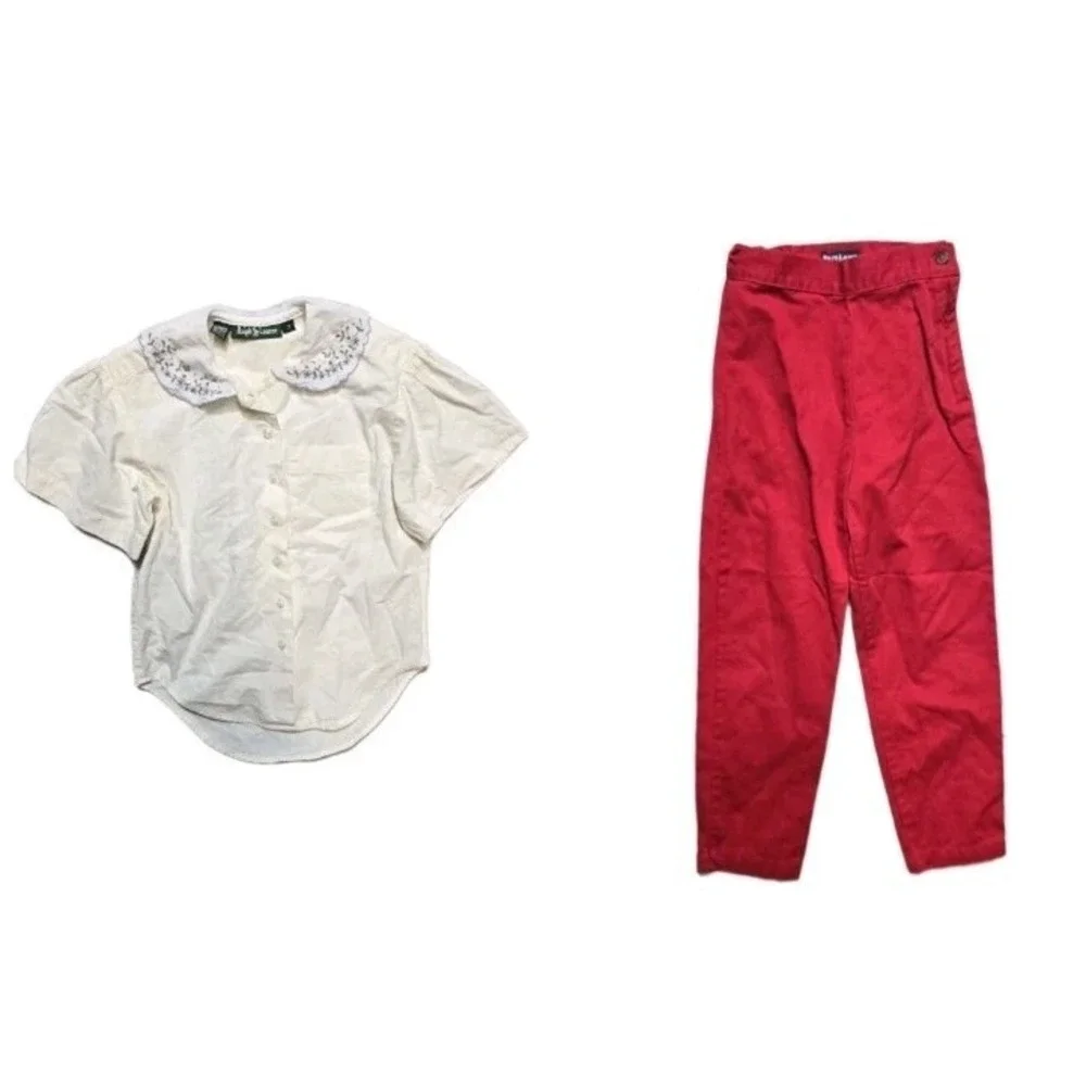 Vintage Ralph Lauren‎ Girls Pants Shirt Hi-rise Red 6-7 Button Mom Lot Of 2